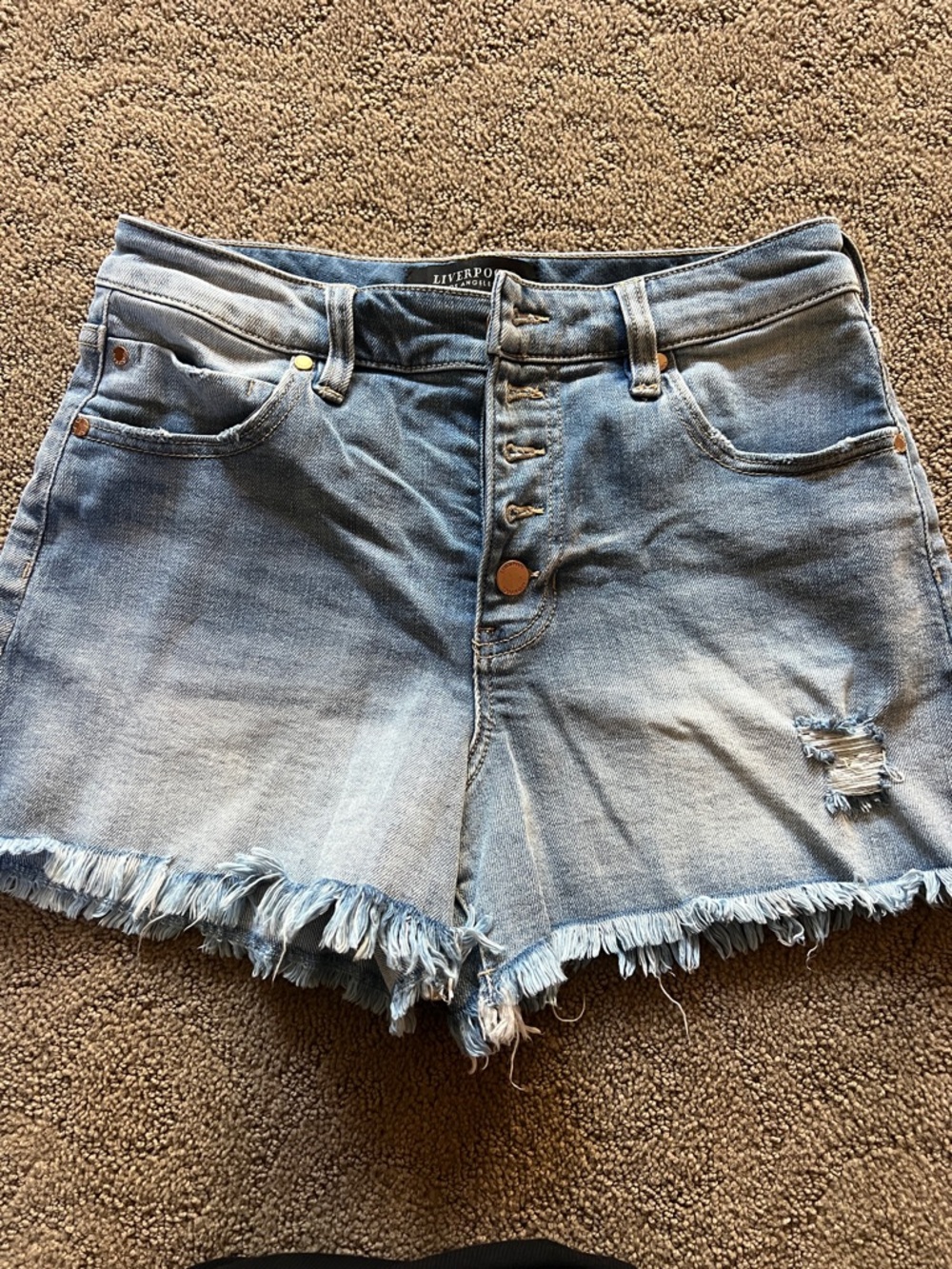 Liverpool Light Blue Frayed Button-Front Denim Shorts